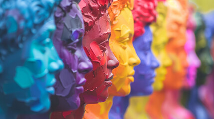 Diversity artwork, statues of women from the side, DEI, inclusion, rainbow, color
