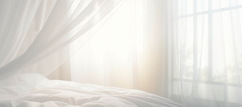 Transparent white curtain tulle from window in bedroom. Sunny morning in bedroom, window curtain with sunlight penetrate room