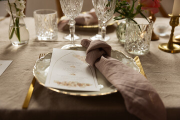 Wedding table setting in a vintage building.