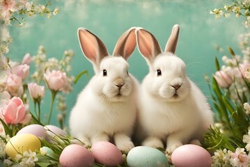 Cute bunny couple, white rabbit family, vintage Easter background with colored eggs and flowers