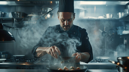 Chef cooking with passion in a steamy kitchen - A chef is intensely focused on perfecting a dish in a steam-fogged kitchen, representing culinary dedication