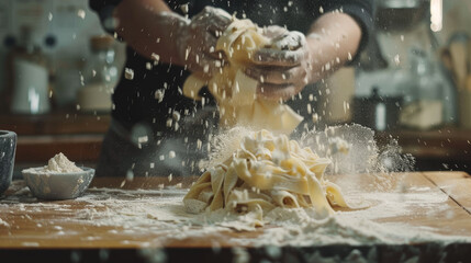 Chef tossing freshly made pasta in the air - A passionate chef throws a heap of freshly made pasta high in the air in a rustic kitchen setting