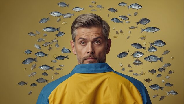 Man with paper fish on back against yellow background, April fool's day