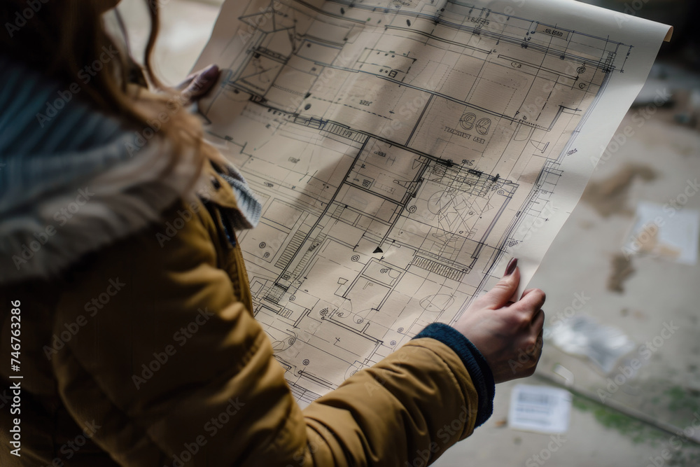 Poster close-up of hands holding architectural blueprints - detailed view of hands holding architectural bl