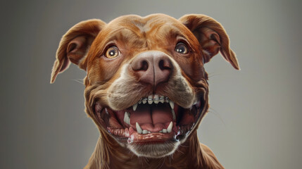 Close-up of a Brown Dog Making a Funny Face - This image features a close-up of a brown dog exhibiting a playful or possibly surprised expression with its tongue out - obrazy, fototapety, plakaty