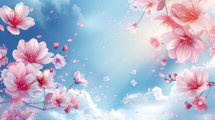 Fototapeta na wymiar Frame of branches of blossoming cherry against background of blue sky and fluttering butterflies in spring on nature outdoors. AI generated illustration