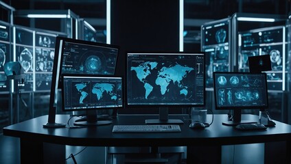 Fototapeta premium Multiple monitors displaying advanced medical diagnostics, Medical research and science concept, Medicine and healthcare of the future, Design for banner, poster