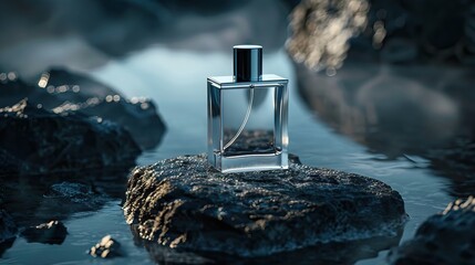 Bottle of perfume on a blue background. Fragrance presentation with daylight. Trending concept in natural materials with plant shadow. Women's and men's essence. AI generated illustration