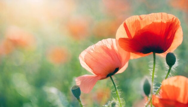 dreamy poppy flowers bloom grass closeup panorama macro with soft focus spring floral template artistic vintage image pastel toned nature summer greeting card background