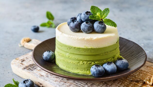 layered ice cream matcha cheesecake with fresh blueberry gluten free no bake dessert healthy sweet food