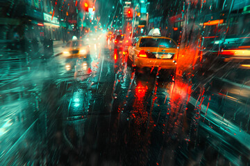 view of a rainy city through wet glass