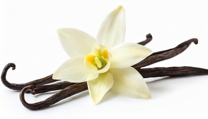 vanilla flower and bean for flavored drinks isolated on white background - obrazy, fototapety, plakaty