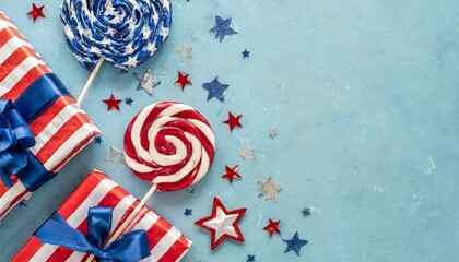 4th of july american independence day decorations on pastel blue background flat lay top view copy space