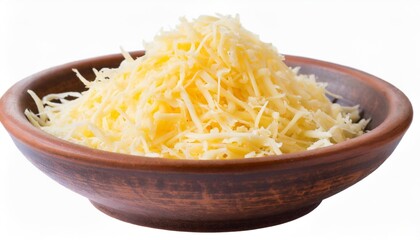 grated cheese in clay bowl isolated