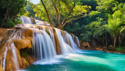 the agua azul waterfalls a series of cascades of varying heights and widths get their name from the colour of the water which has a bright blue hue when accumulated mexico - obrazy, fototapety, plakaty