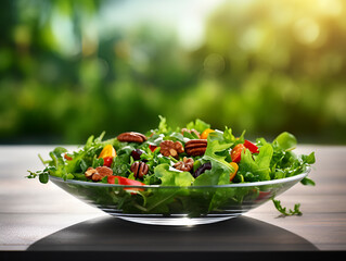 Delicious fresh salt with pecan nuts on kitchen table, blurry sunlight background 