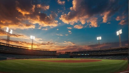 Panoramic view of a stadium with a baseball field and vibrant sky at sunset