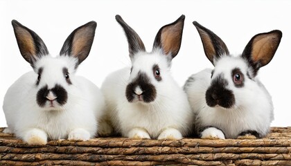 collection of three white rabbits portrait sitting animal bundle isolated on a white background as transparent png