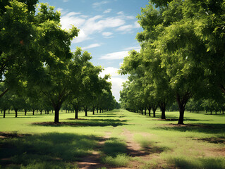 Pecan nuts green plantation in summer 