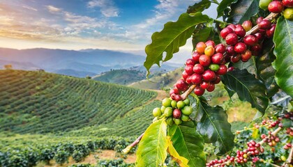 coffee tree with fresh arabica coffee bean in coffee plantation on the mountain at northern of chiang rai thailand - obrazy, fototapety, plakaty