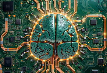 A circuit board with a green brain in the middle. The brain is surrounded by orange light and connected to the board's components. Artificial Intelligence concept. Neural Network concept. 