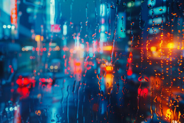 view of a rainy city through wet glass - obrazy, fototapety, plakaty