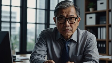 Portrait of serious confident asian man inside office at workplace, businessman in shirt with wrinkled hands and glasses looking at camera, mature boss, financier accountant Older person day - obrazy, fototapety, plakaty