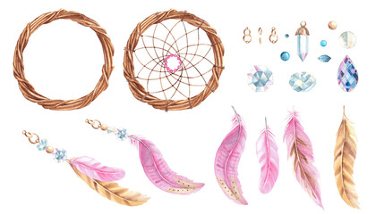 Watercolor hand drawn dream catcher set with pink and beige feathers, crystals, glass beads and golden rings. Design elements isolated on white background.