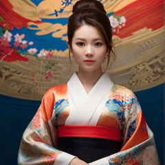 Portrait of beautiful Japanese woman wearing a luxurious silk kimono