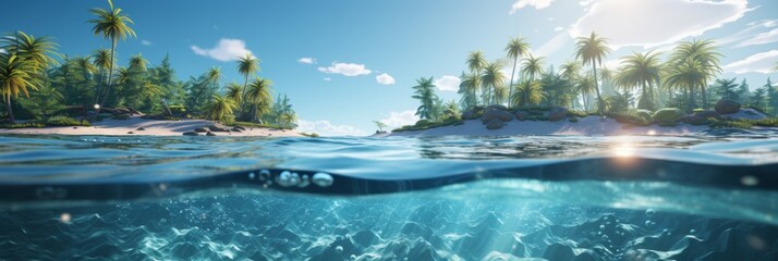 Tropical beach with palm trees and serene lagoon - idyllic travel concept in exotic paradise. - obrazy, fototapety, plakaty