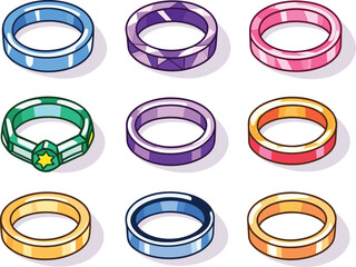 Collection colorful rings different gemstones designs. Assorted jewelry pieces vibrant tones varied patterns. Colorful accessories fashion elements vector illustration