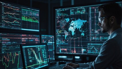 Programming coding and man with focus, hologram and trading with cyber security, futuristic and research, Male person, investor and employee with data analysis, server or investment with website info