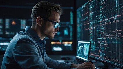Programming coding and man with focus, hologram and trading with cyber security, futuristic and research, Male person, investor and employee with data analysis, server or investment with website info
