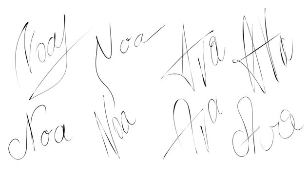 Hand drawn illustration. Fictitious handwritten. Set of autographs. Populare names.