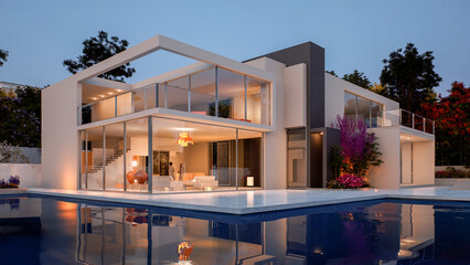 Luxury contemporary mansion with pool - obrazy, fototapety, plakaty