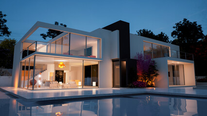 Luxury contemporary mansion with pool - obrazy, fototapety, plakaty