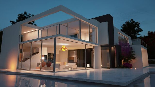 Luxury contemporary mansion with pool animation