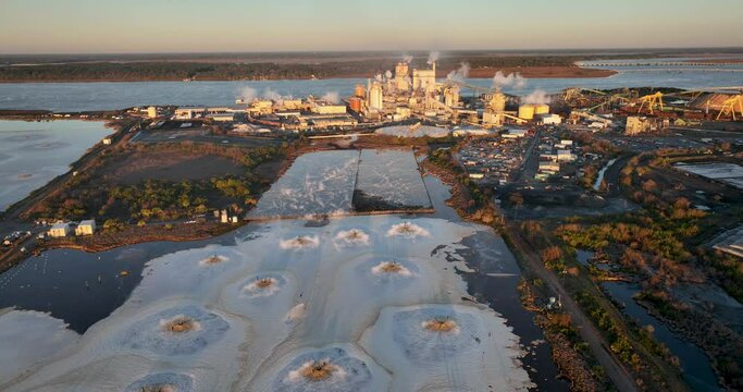 Aerial view of effluent discharge from a pulp and paper mill in Brunswick, Georgia.