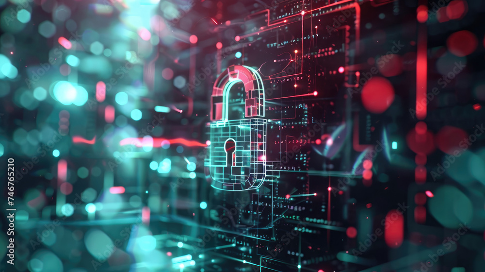 Poster cybersecurity concept with padlock hologram - visual representation of cybersecurity with a glowing 