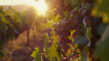 Dew-kissed grapes in the vineyard at sunrise - Sunlight filters through morning dew on ripe grapes in a vineyard, symbolizing growth and new beginnings