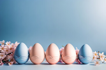 stylish Easter eggs, colorful flowers and cherry blossoms lie flat on a blue background with space to copy. A greeting card template. A modern holiday banner.