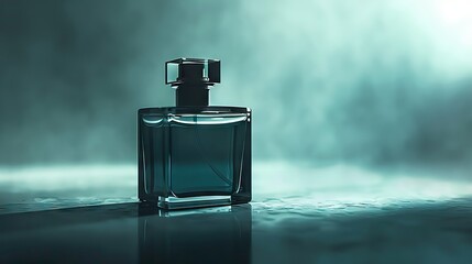 Glass perfume bottle in the shadow, in the style of dark gray and dark cyan. AI generated illustration