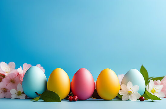 Colored decorated eggs on a blue background. Easter concept, a postcard with free space to copy