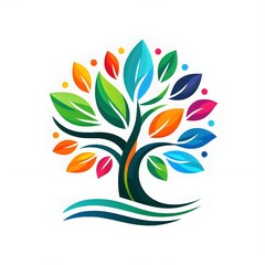 Colorful abstract tree logo design with 7 multi-colored leaves.