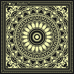 Black bandana with a white mandala and a figured edging with the inscription - I love my bandana. Version No. 6. Vector illustration
