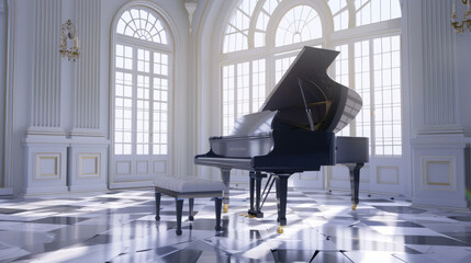Elegant grand piano in a lavish room - A luxurious grand piano centered in an opulent room with natural lighting and classic architecture