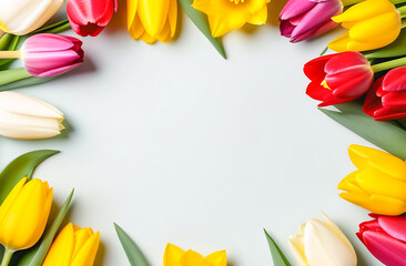 top view of blooming yellow and pink tulips on a light background, Mother's Day concept