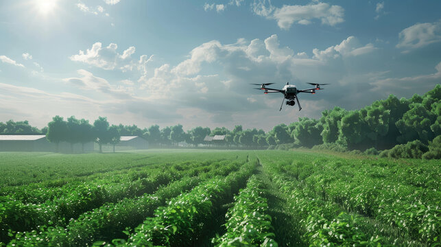 Drone monitoring crop health in vibrant field - The image depicts a drone flying over lush green crops, representing the use of technology in smart farming and agricultural innovation