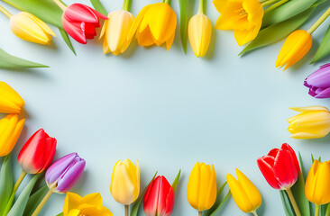 Colorful tulips on a light background, leaving room for copying. A greeting card template. A modern holiday banner. Festive composition