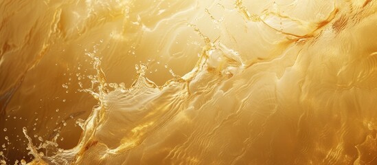 A detailed view of a shiny gold colored surface, showcasing abstract splash shapes and liquid concepts in a mesmerizing blend on a sparkling background.